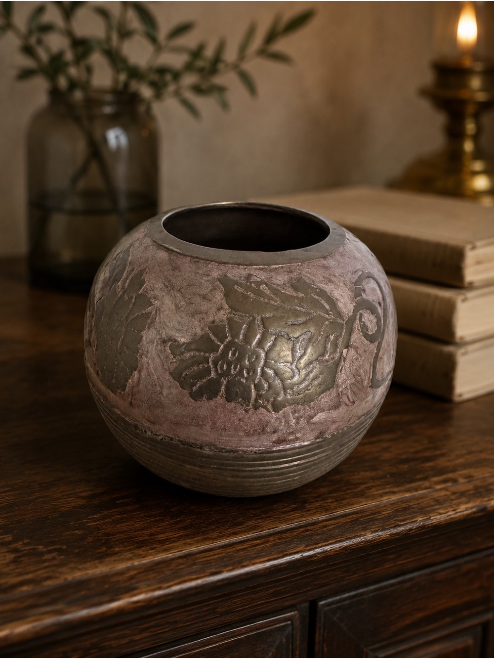 Vintage Indian Solid Brass Floral Vessel Etched Rose Bowl Rich Patina Folk Art